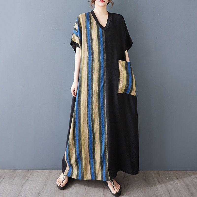 Letní tenké bavlněné a lněné tištěné šaty s výstřihem do V Dámské kontrastní prošívání Dlouhá sukně