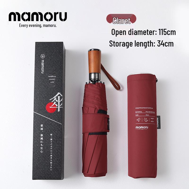 

Мужской премиальный полностью автоматический двойной складной зонт с усиленной деревянной ручкой для ливней 26-inch, 8 ribs бордовый