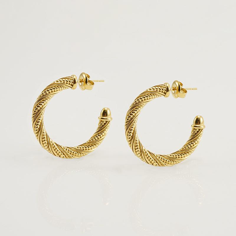 18K Gold-Toned Titanium Steel Round Hoop Earrings - Women's European & American Geometric Design