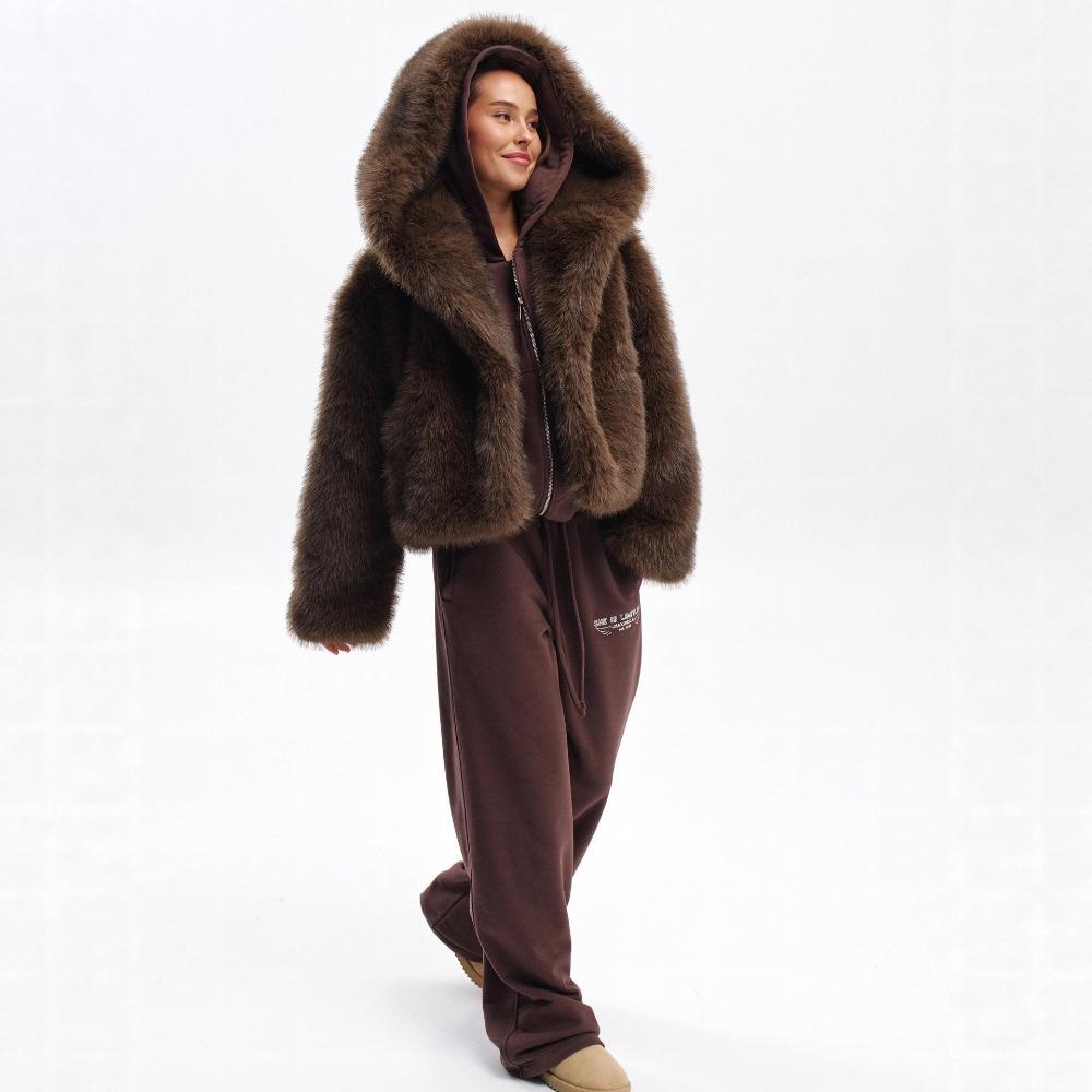 Women's Hooded Long Sleeve Faux Fox Fur Jacket Loose Fit Street Style Furry Coat