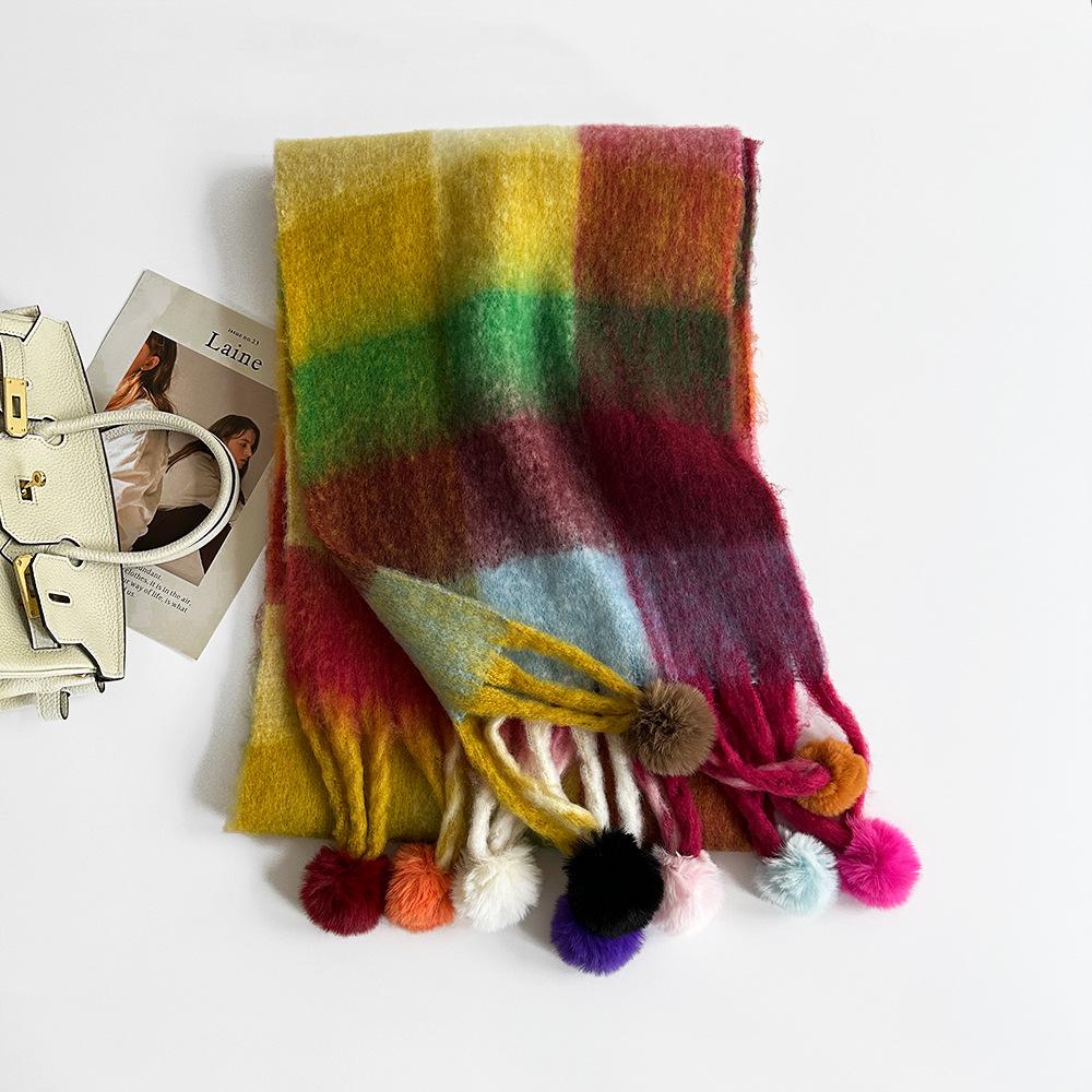 Fashion Trend Scarf Winter Scarf Rainbow Plaid Dopamine Stripe Handmade Hairball Shawl