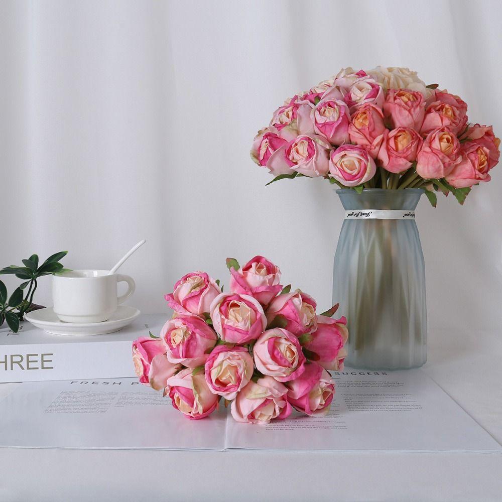 12PCS/bunch Multicolor Rose Artificial Flowers Silk Petals Green Stem Faux Rose Flower Scene Landscaping Bridal Bouquet