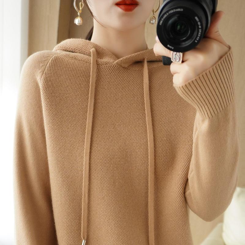 Autumn Winter Loose Casual Fashion Solid Color Hooded Sweater Women Pullover All-match Knitting Drawstring Top