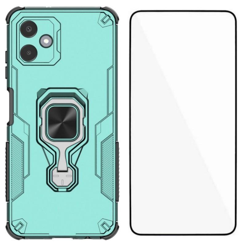 

For Samsung Galaxy A06 4G Phone Case WANLONFENG PC TPU Back Cover Kickstand with Tempered Glass Green