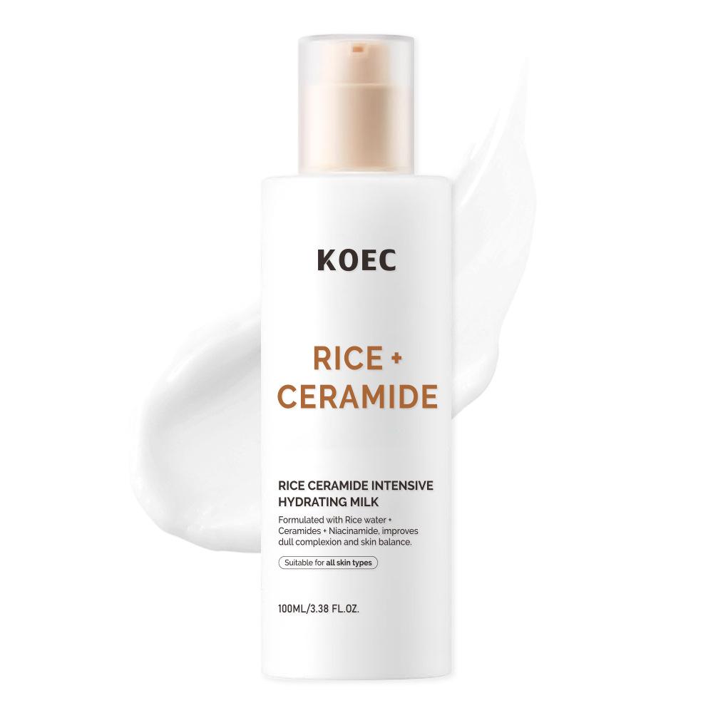 Set Viso KOEC Ceramide di Riso 4 Pezzi: Acqua di Riso+Essenza+Crema Idratante+Polvere Detergente, Idratante, Illuminante & Riparatrice