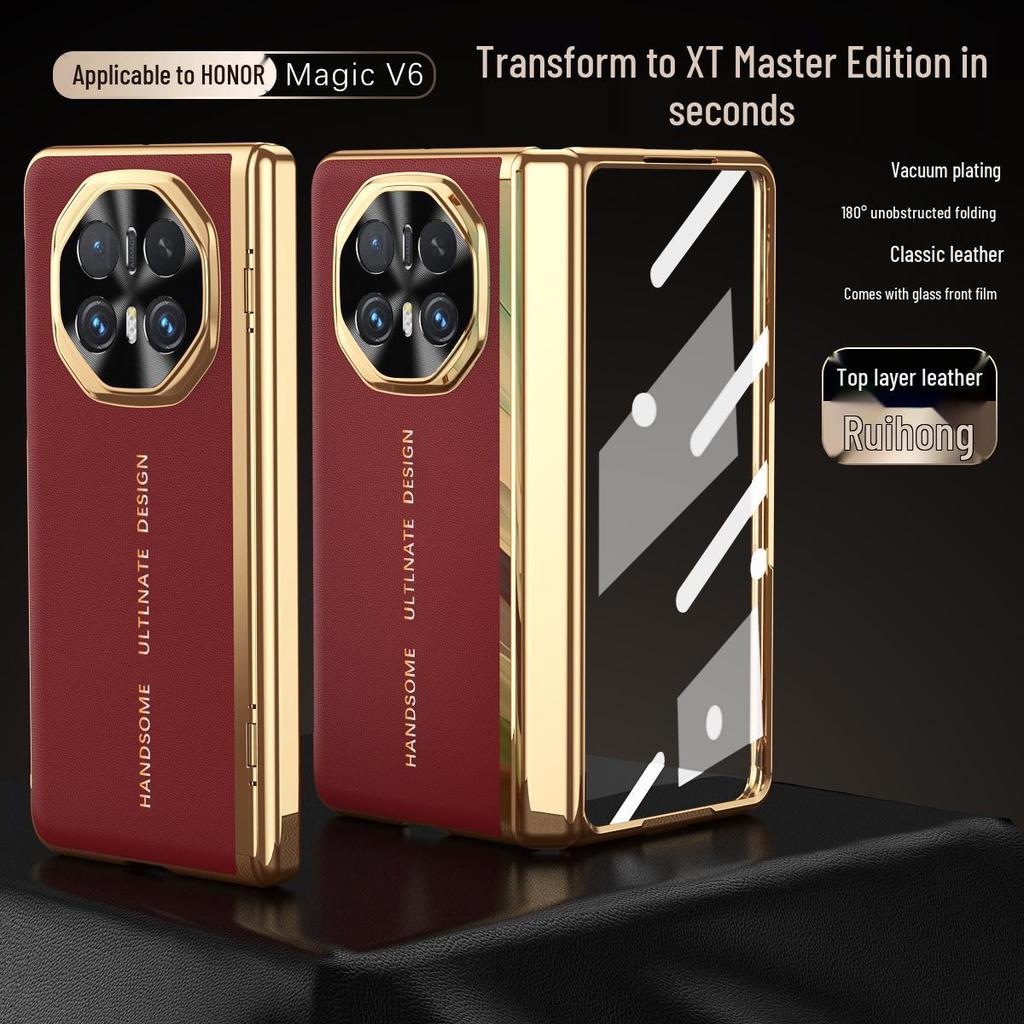 Honor Magic V6 Foldable Case: Built-in Glass Screen, Vacuum-Plated, Plain Leather, Full Coverage, Men’s Design