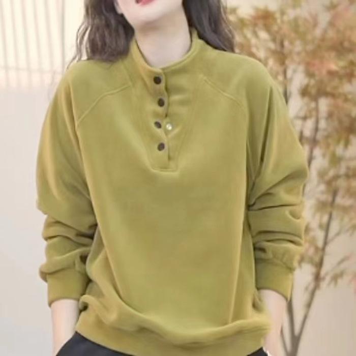 Women Spring and Autumn Basic Solid Casual All-match Stand Collar Button High Street Sweatshirt
