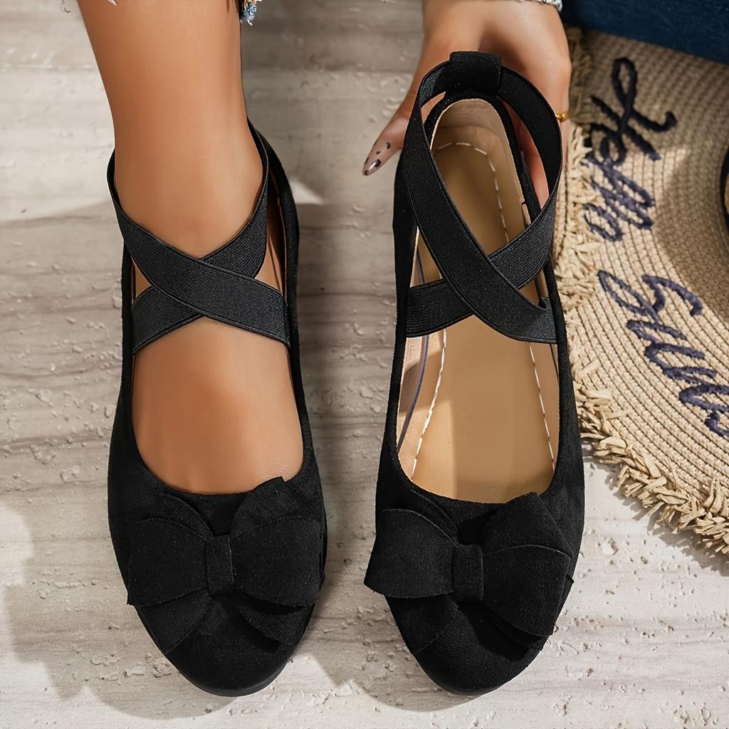Bow-Crossed Elastic Strap Vintage Fashion Flats 2025 New Pointed-Toe Low-Cut Solid-Color Mary Janes