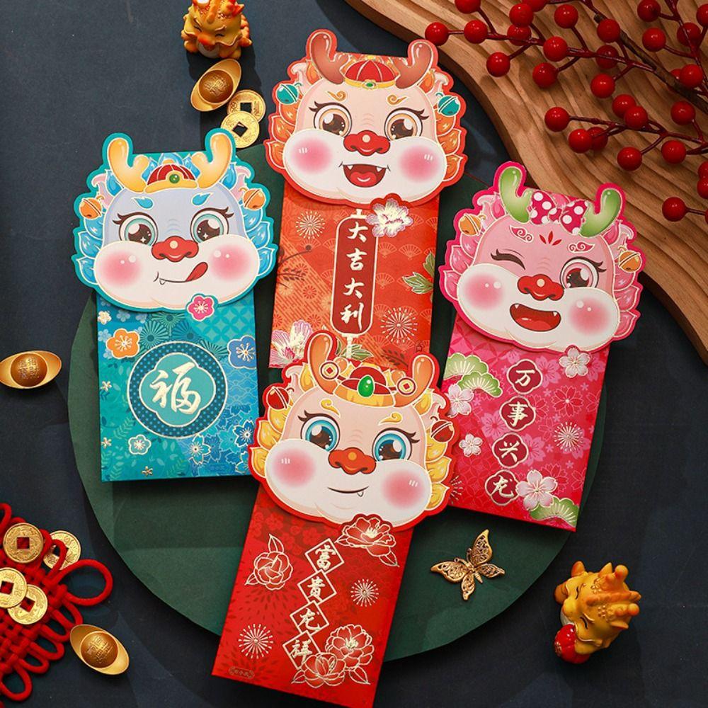 

4 шт. Яркие цвета Мультяшный Дракон Мешочек для Счастливых Денег с Персонажами Горячего Тиснения Красные Конверты Детские B