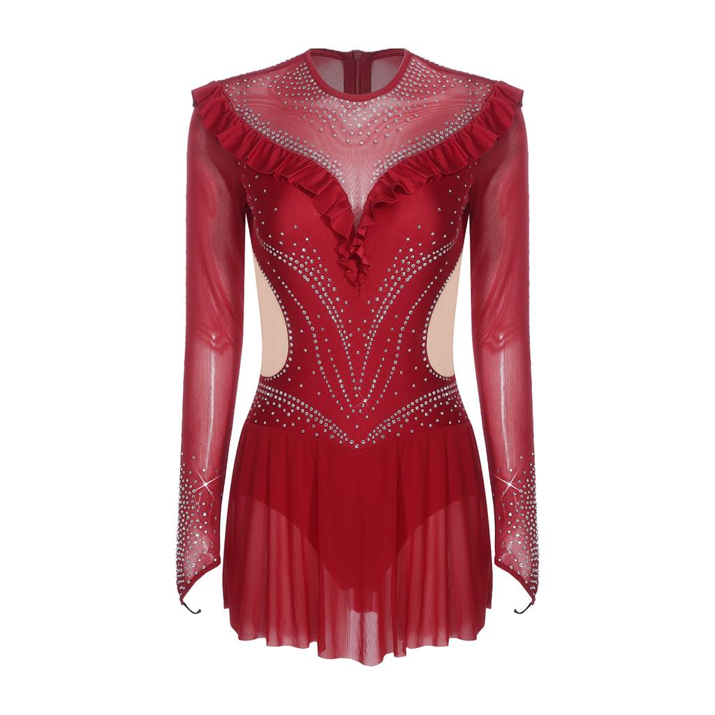 Dámský síťovaný trikot s kamínky Dlouhý rukáv Volánkové lemy Síťovaná sukně Body Šaty Jumpsuit pro krasobruslení