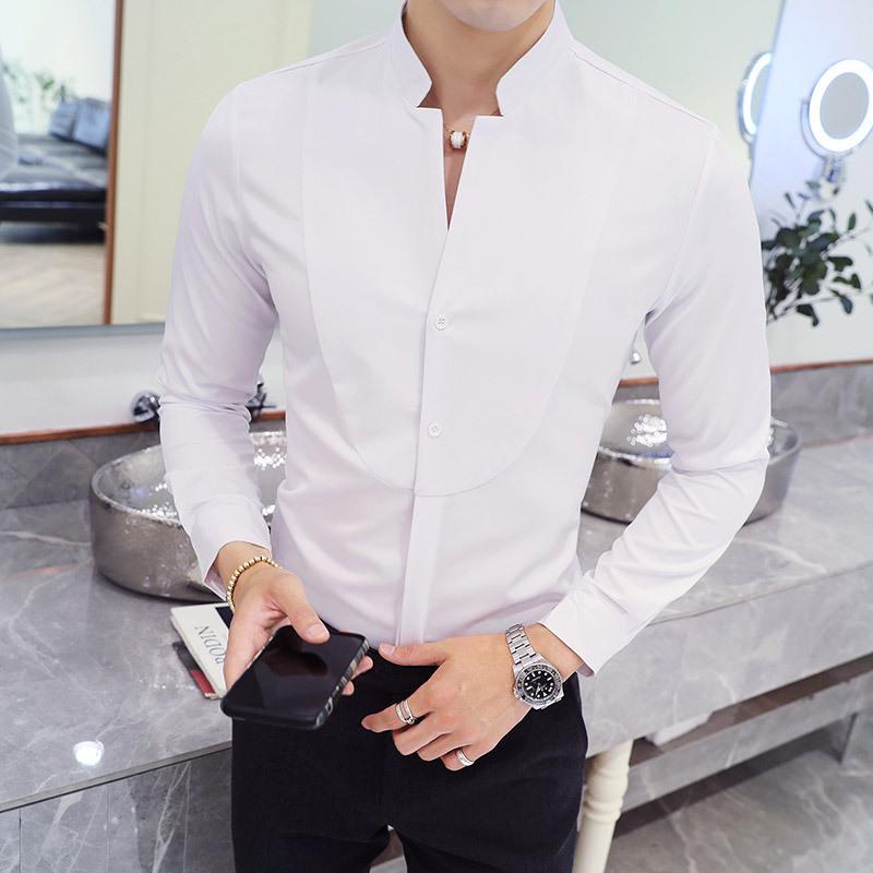 

Trendy Stand-Collar Men s Patchwork Long-Sleeve Shirt - Three Colors, Plus Size, Hairstylist KTV Workwear Top 2XL белый