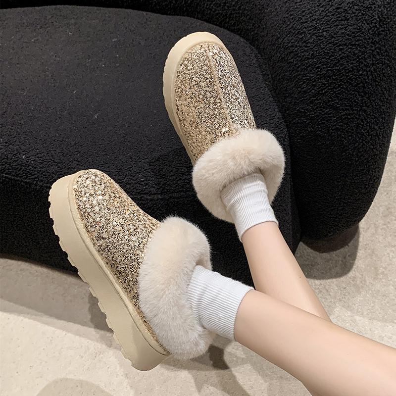 Aphixta Sequine Upper Warm Snow Boots Furry Plush Lining Ankle Boots Women Winter Ankle Boot Zip Shoe Botas Mujer Botines Size43