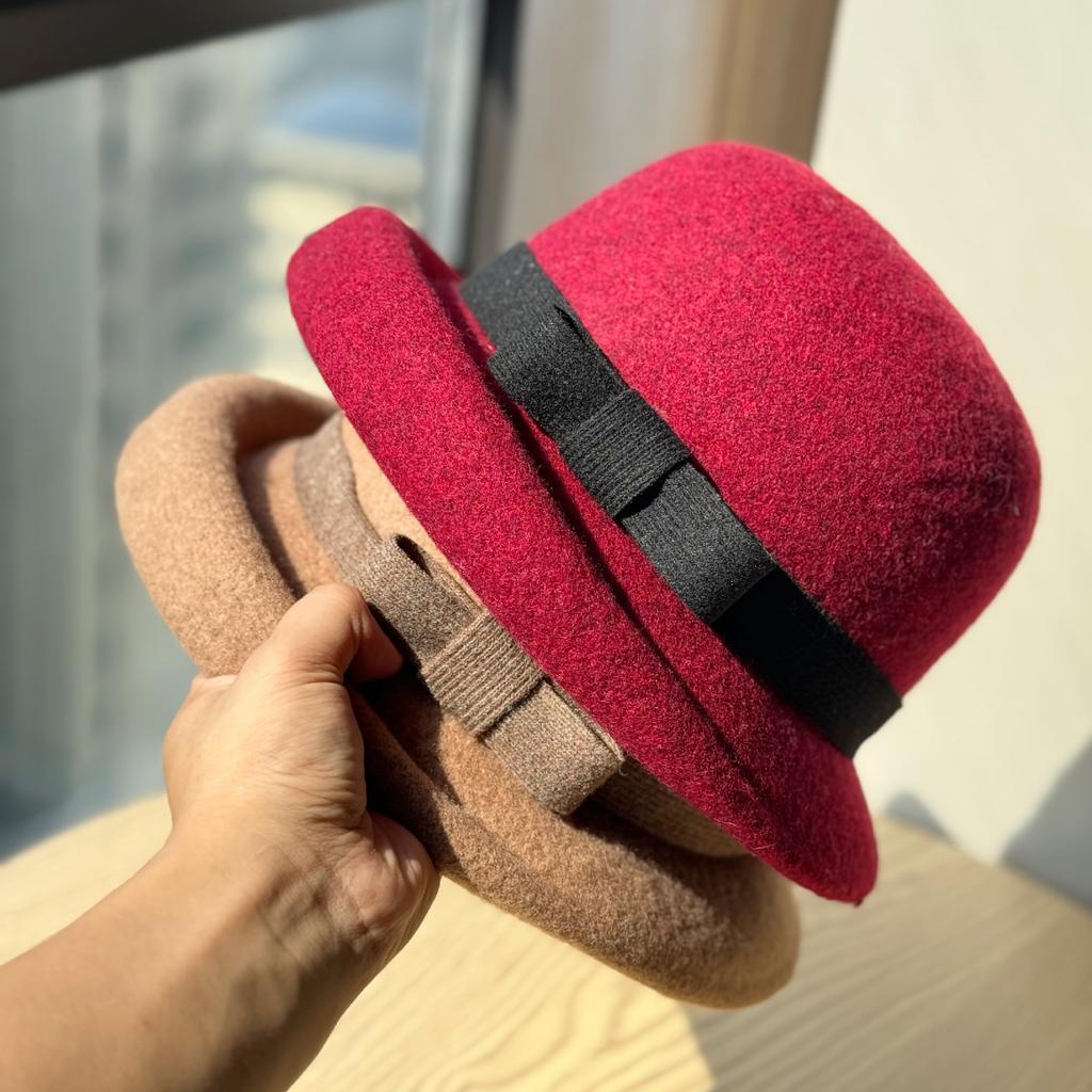 French High End Curled Woolen Mother's Hat for Women Retro Bow Fisherman Hat Autumn and Winter Rich Style Hat