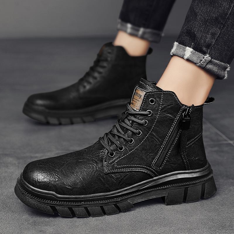 Autumn and winter retro fashion trend Martin boots youth casual platform leather boots men's high-top side zipper tooling shoes