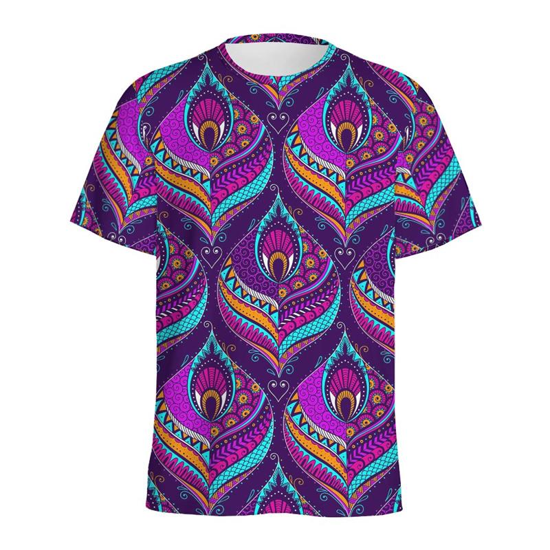 Boho Peacock Feather Pattern T-shirt For Men Vintage Crew Neck Short Sleeves 3D Printed T Shirts Women Summer Street Tees Tops