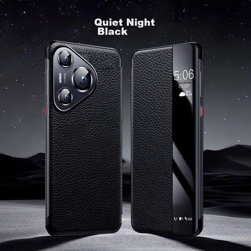 Huawei Pura70Pro/Pro Handyhülle, Leder Klapphülle mit Smart View Fenster, Einfach zu installieren, Vollschutz, Stoßfeste Außenseite, Schwarz