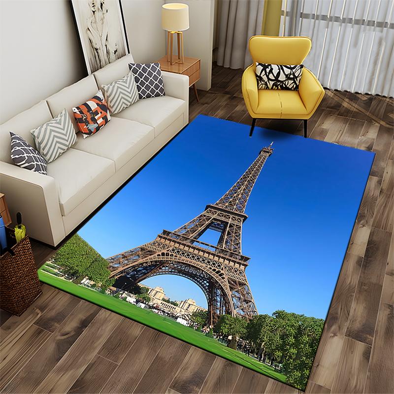 Eiffel Tower Design Carpet with Blue Sky and Green Background Suitable for use as an anti-slip for living room bedroom sofas