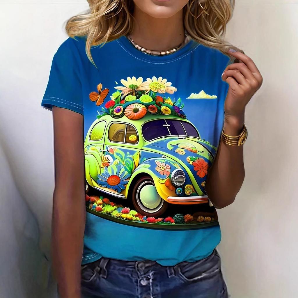 Summer Round Neck 3D Car Print Top Fashionable Casual Short Sleeved Women's T-shirts