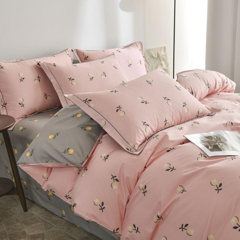 Fresh Orange 100% Cotton Four-Piece Bedding Set - Duvet Cover & Bed Sheet for Student Dorms and Homes