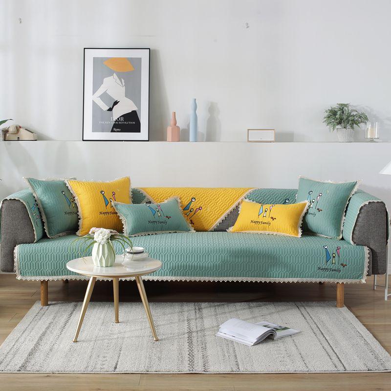 

Nordic Sofa Cushion Winter Fabric Cotton All Year Round Neutral Non Slip Modern Simple and Fashionable High-Grade Cover Towel Armrest Warm light green 45*45cm pillowcase