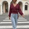 Womens V-Neck Tie-Up Irregular Knit Top - Perfect Spring/Autumn Layer
