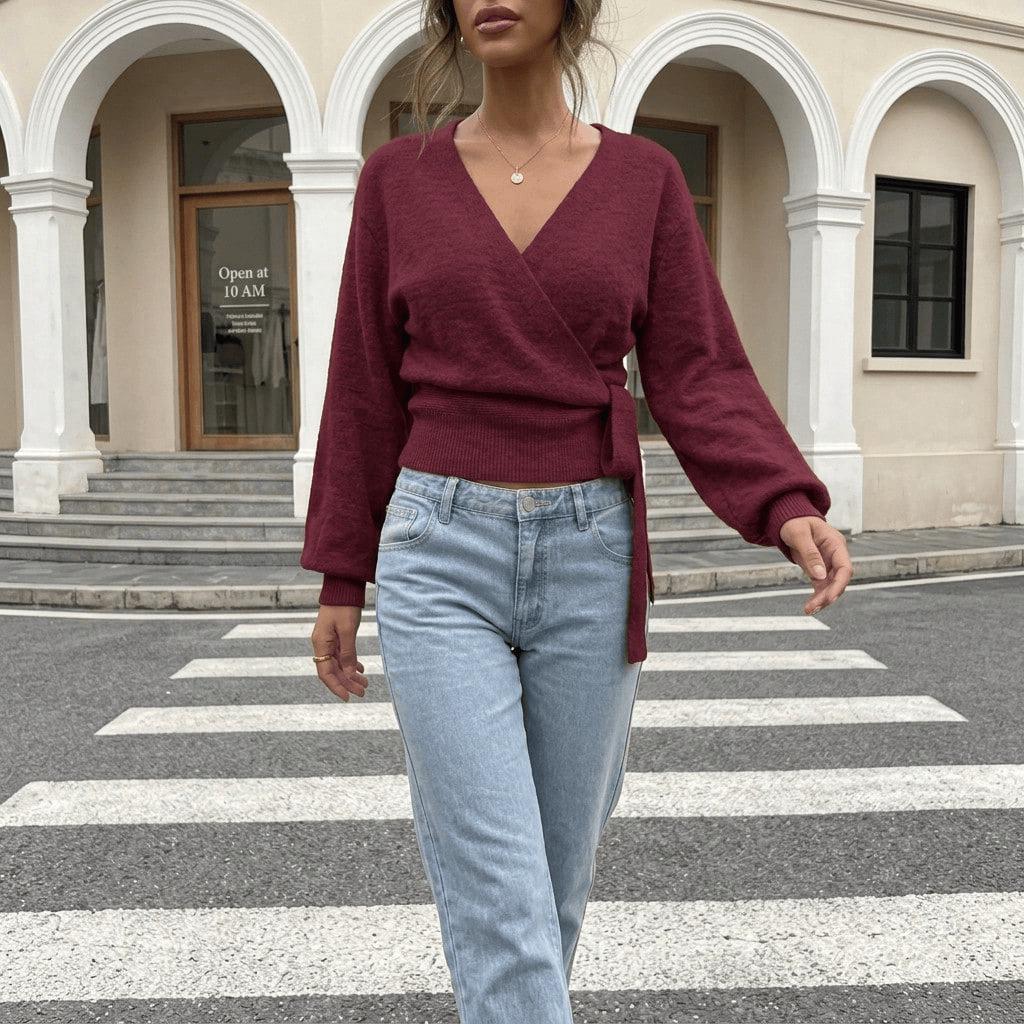 Womens V-Neck Tie-Up Irregular Knit Top - Perfect Spring/Autumn Layer