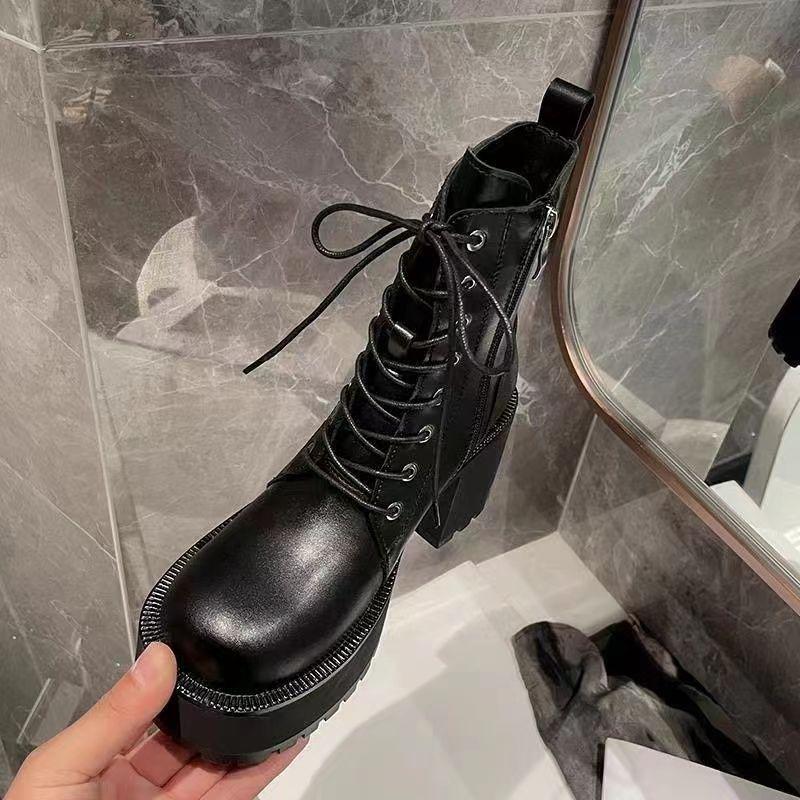 Round Head Thick Heel Lace-up Martin Boots Women's High Heel Waterproof Platform Platform Platform Short Boots Small Retro Soft Leather Boots Women