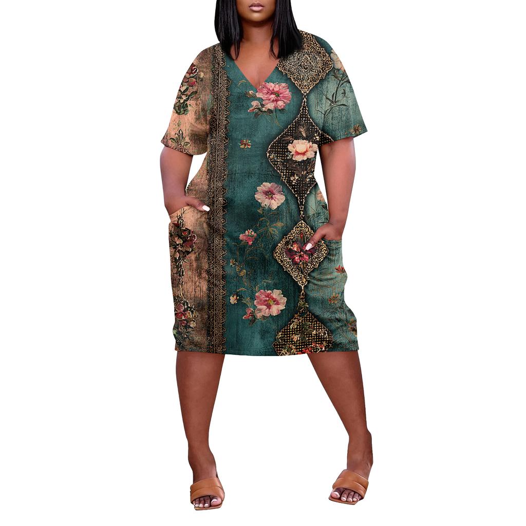 Letní nadměrné velikosti V výstřih krátký rukáv ke kolenům kapsa potisk ležérní šaty pro ženy
