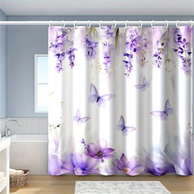 Purple Polyester One-piece Shower Curtain with Dyed Butterfly Print, Machine Washable, with Hooks, for Bathroom