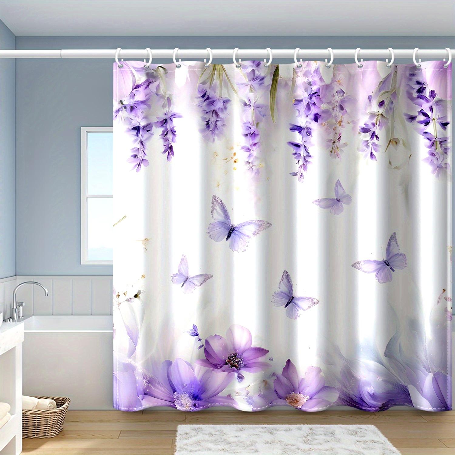 Exquisite Fashion Items Purple Polyester One-Piece Shower Curtain With Dyed Butterfly Print, Machine Washable, With Hooks, For Bathroom