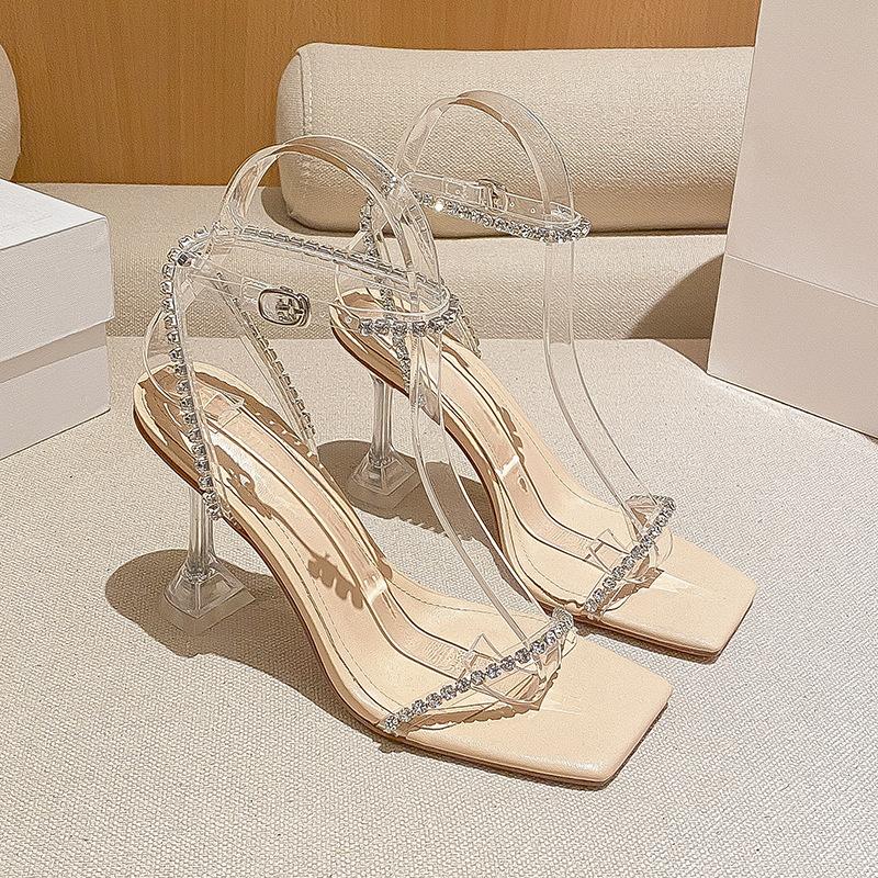L-93 2025 New L Rhinestone Transparent One-word Strap High Heels Summer Fashion Versatile High Heel Sandals Women