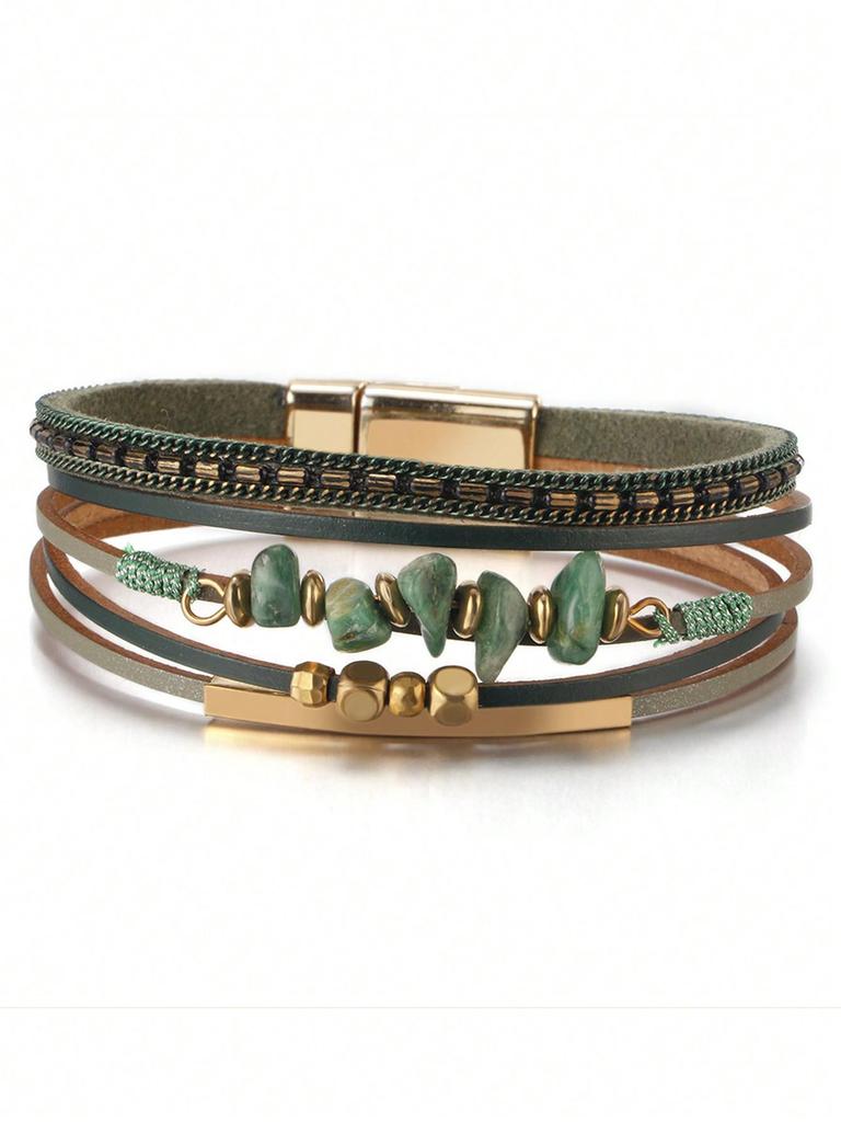 One Piece Europeisk och Amerikansk Stil Natursten Pärlstav Mässingsrör Design Kohudsläder Rep Kvinnor Grön Armband Sommar Strand