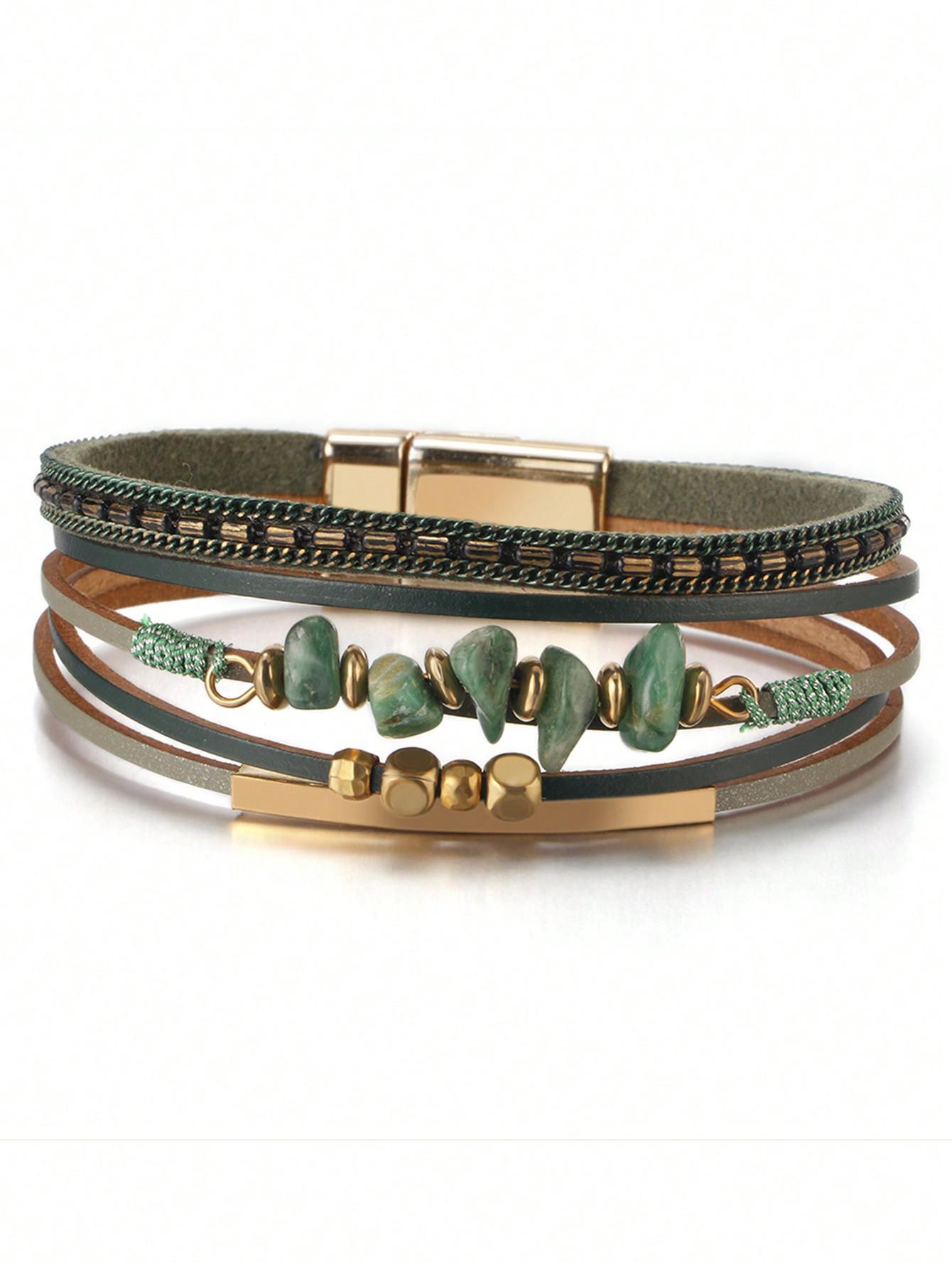 

One Piece European and American Style Natural Stone Beaded Brass Tube Design Cowhide Rope Women Green Bracelet Summer Beach one-size зелений