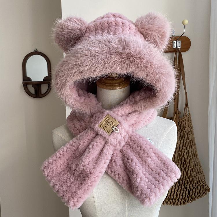 Hat, Scarf, Integrated Pullover Hat, Women's Winter Hairy Ears, Cycling Hat, Dual-purpose One-piece Hat, Cross Neck Hat