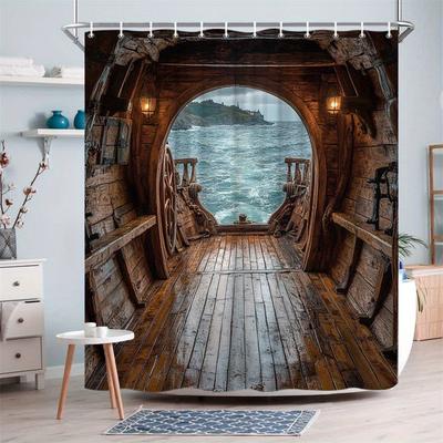 Tenda Doccia Vecchia Nave Barca di Legno Vista Oceano Decorazione Nautica Tema Marinaio Vintage Set Tenda Bagno Impermeabile Decorazione Casa