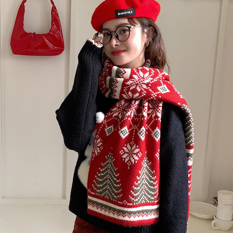 Red Christmas tree deer new knitted scarf women keep warm winter atmosphere holiday gift wool scarf men