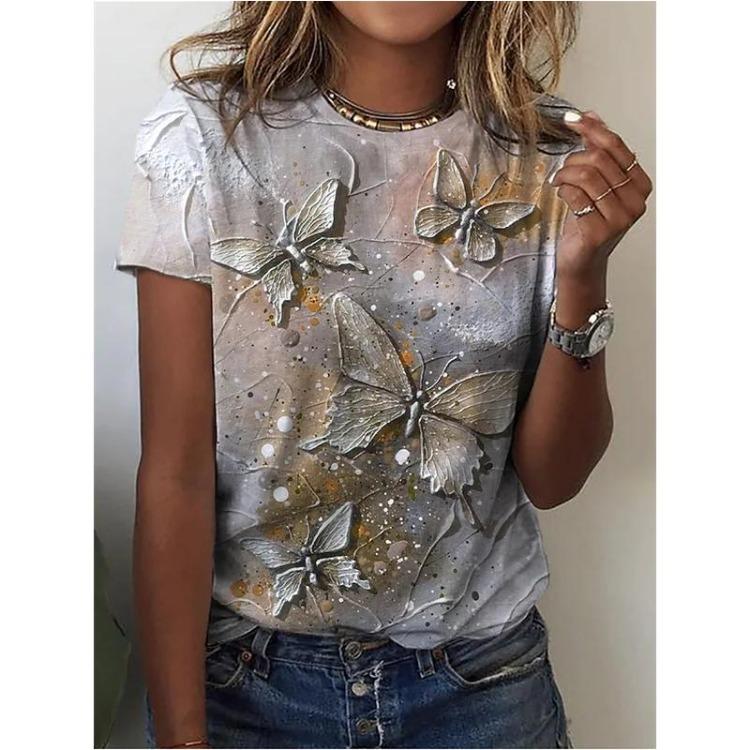 Fashion Women Summer Short Sleeve 3D Flower Print Plus Size Tees Tops Clothes For Women T-shirt