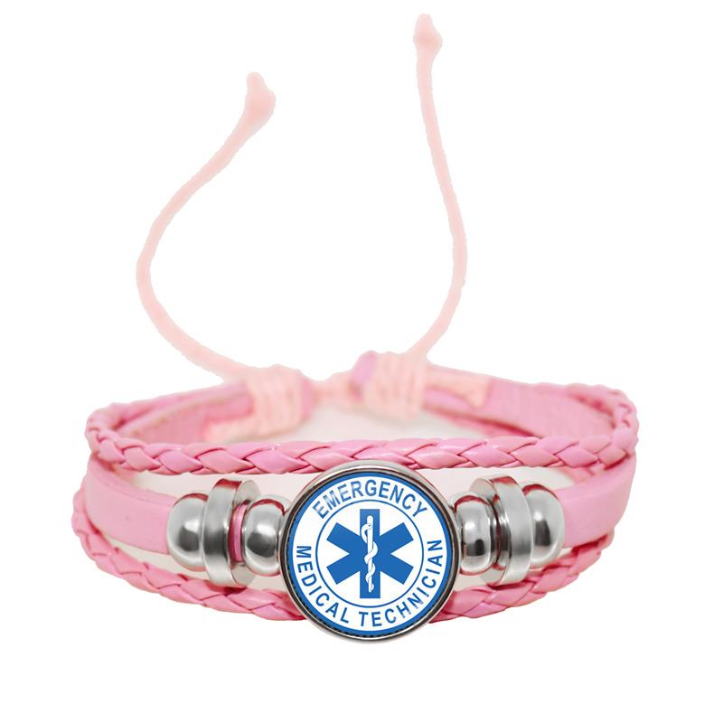 Emergency Medical Technician Paramedic Symbol Logo Black Button Leather Bracelet Glass Dome Blue Star of Life Logo Jewelry