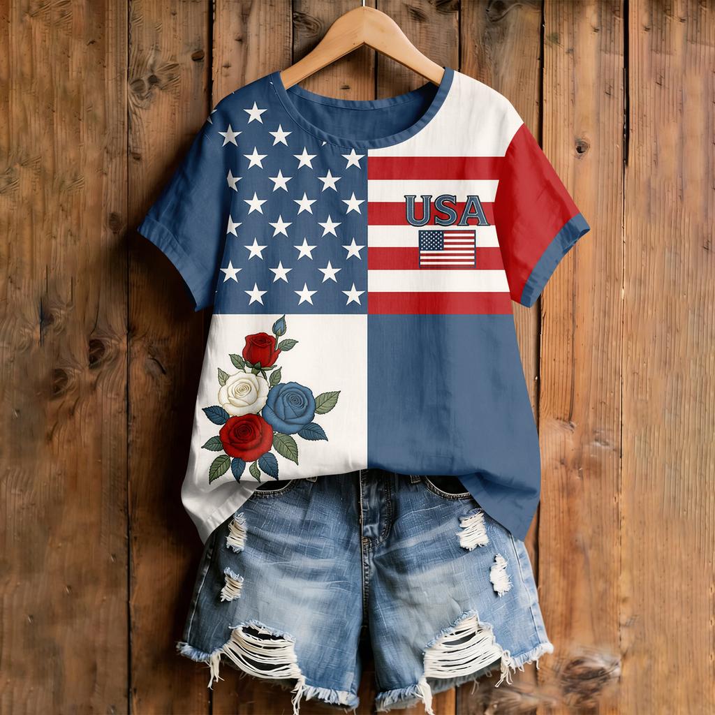 Women's American Floral Patchwork Print Casual T-Shirt 250Th Anniversary USA Shirt Patriotic Tshirt