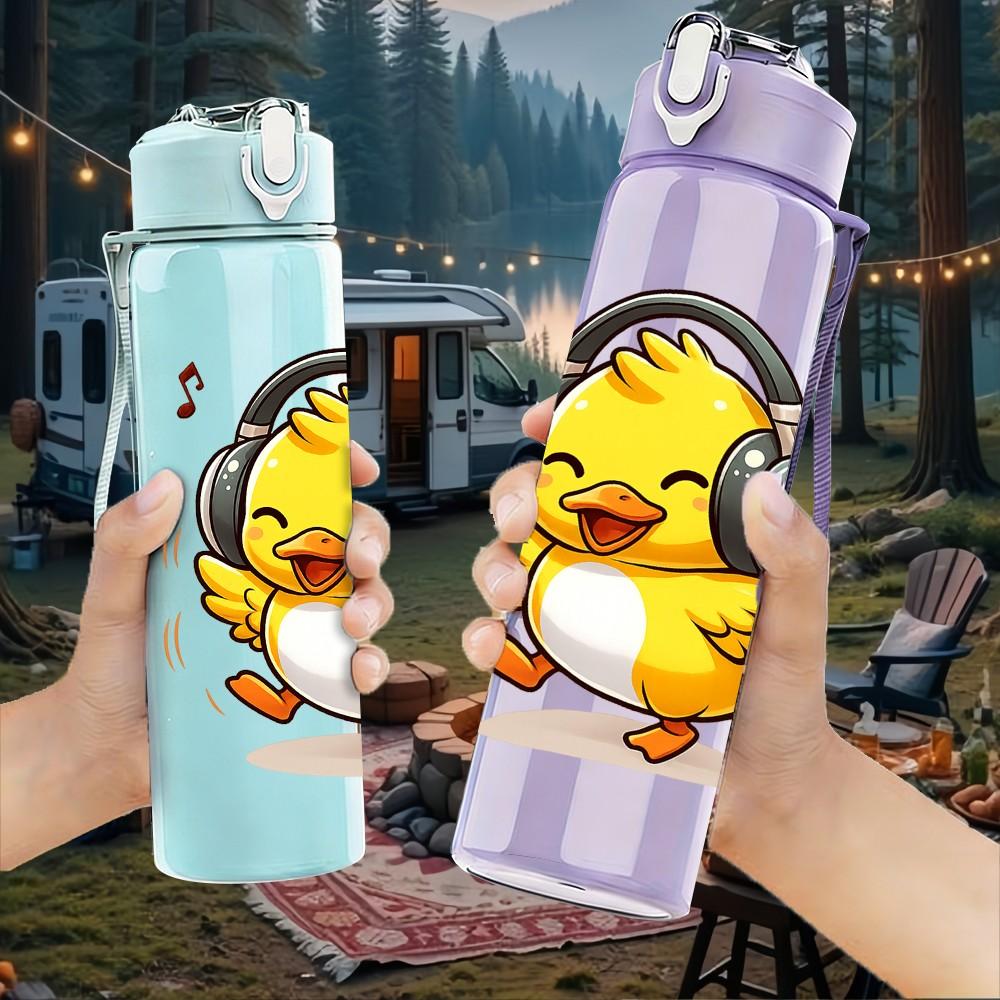 1PC Duckling With Headphone 750ml Color Plastic Sports Water Bottle Leakproof Flip Straw Lid Suitable for Sports Office Home Use