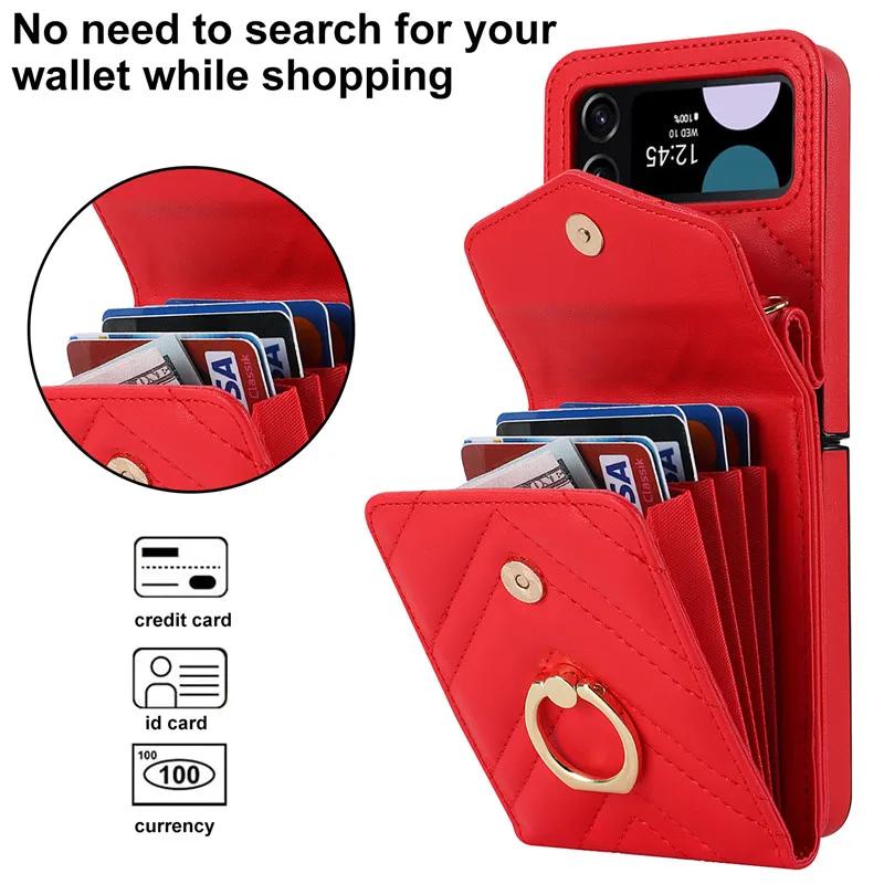 Lanyard Leather Wallet Card Phone Case for Samsung Galaxy Z Flip 7 6 5 4 3 Flip6 Flip5 Flip4 Flip3 Crossbody Ring Holder Cover