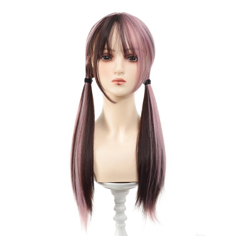 Peluca Twins Croissant Niebla de Melocotón - Peluca Lolita Japonesa Larga Recta para Mujer con Doble Cola de Caballo Negra y Rosa