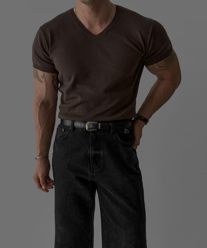 Baulopeulodeogteu V-Neck Muscle Short Sleeve Knit [Brown]