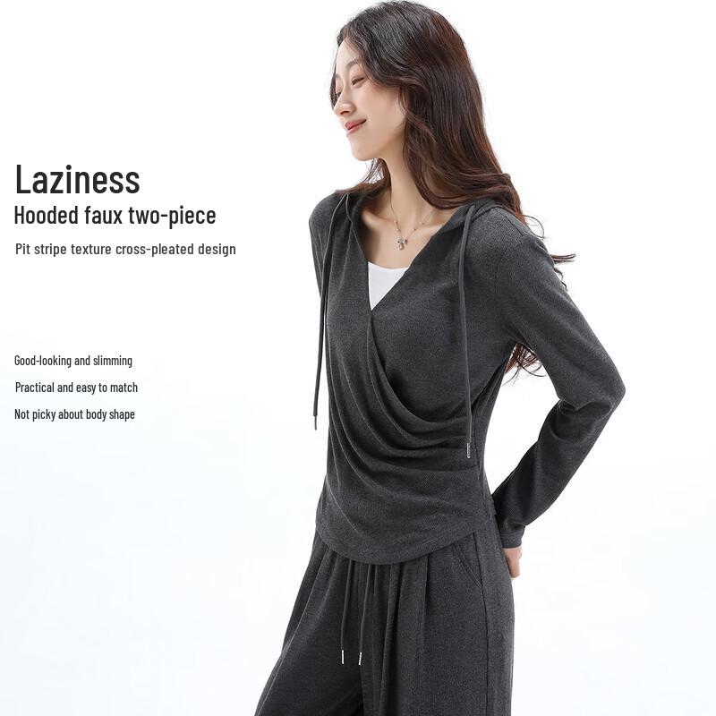 Women s Elegant Color-Block Hooded Faux Two-Piece T-Shirt M