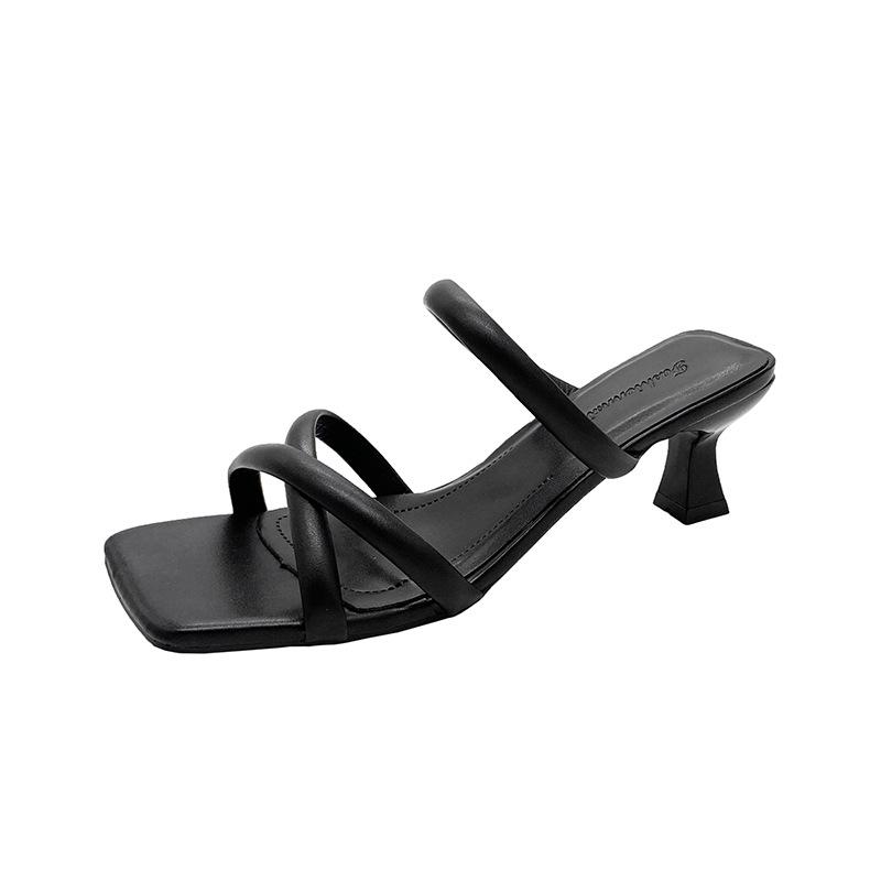 

High-heeled cool slippers female 2025 new summer wear gentle fairy wind word with fashion cool slippers 35 чёрный