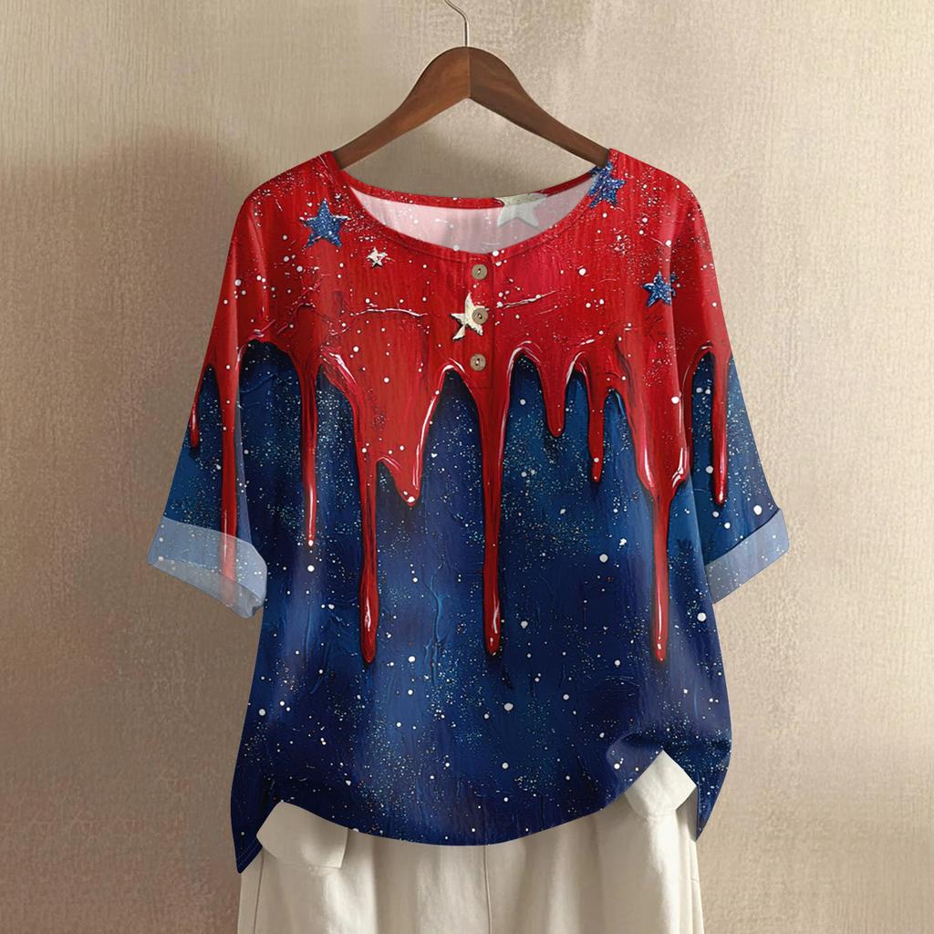 Women's Fashionable And Casual Shirt Half-sleeve Round Neck Print Cotton And Linen Blouse Top
