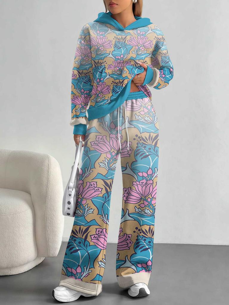 Retro Pattern Splicing European, American Autumn And Winter Casual Long-Sleeved Suit Women'S Hooded Sweater Trousers Two-Piece Set