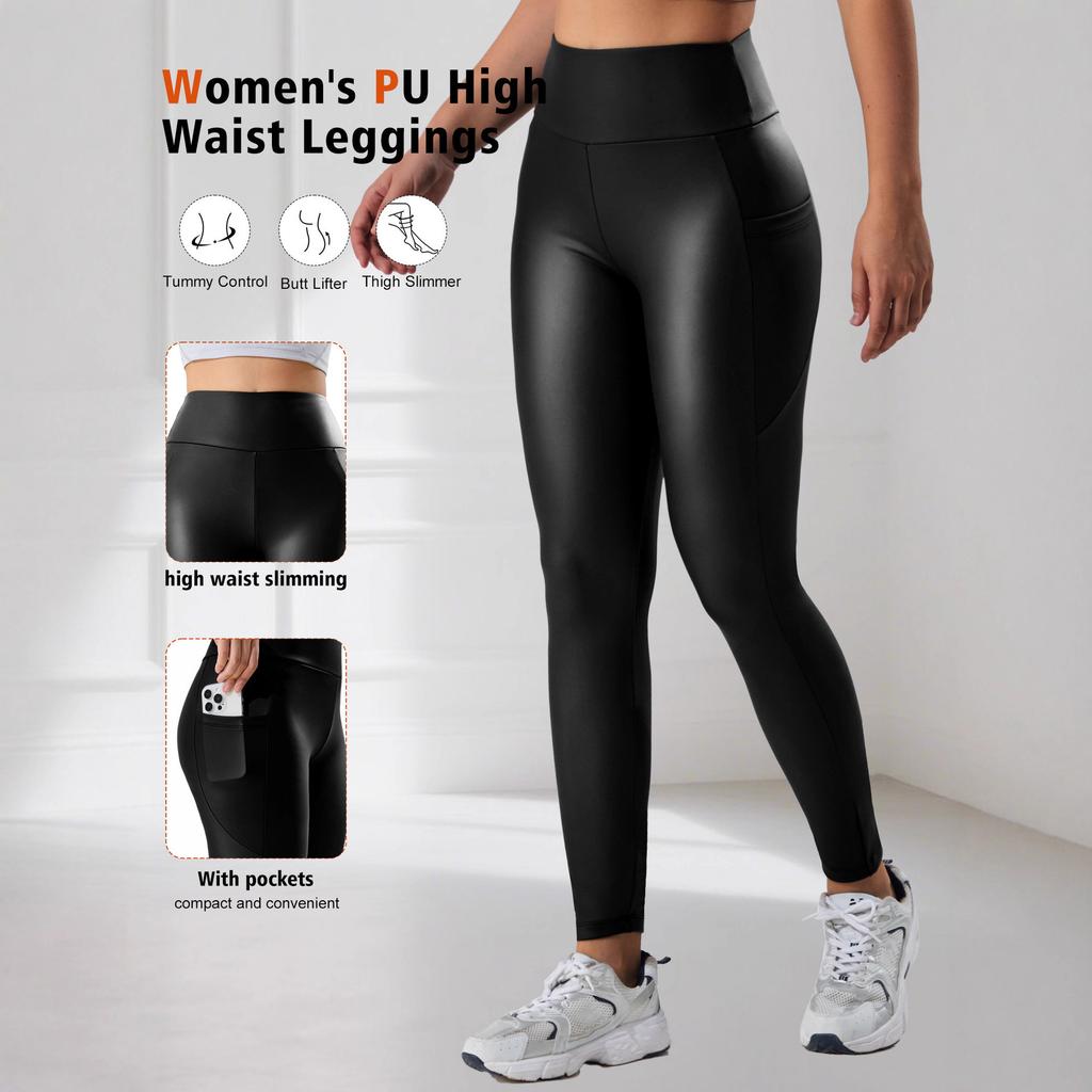 PU Lederhose High-waisted Tasche Yogahose Sport Fitness Laufleggings Nachtclub