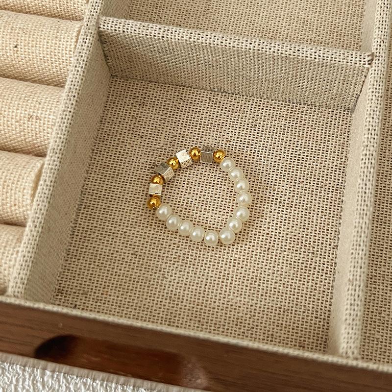 Pearl Beaded Ring Women's Elastic Rope Literary Stacking Index Finger Ring High-end Handmade Ring Jewelry