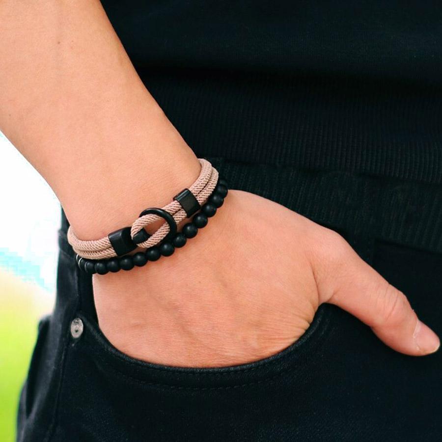 Noter Neues 2-teiliges/Set Herren Armband-Set Doppellagiges Seil Nautisches Armband 6mm Schwarzer Onyx Stein Armband Freizeit Zubehör Pulseria